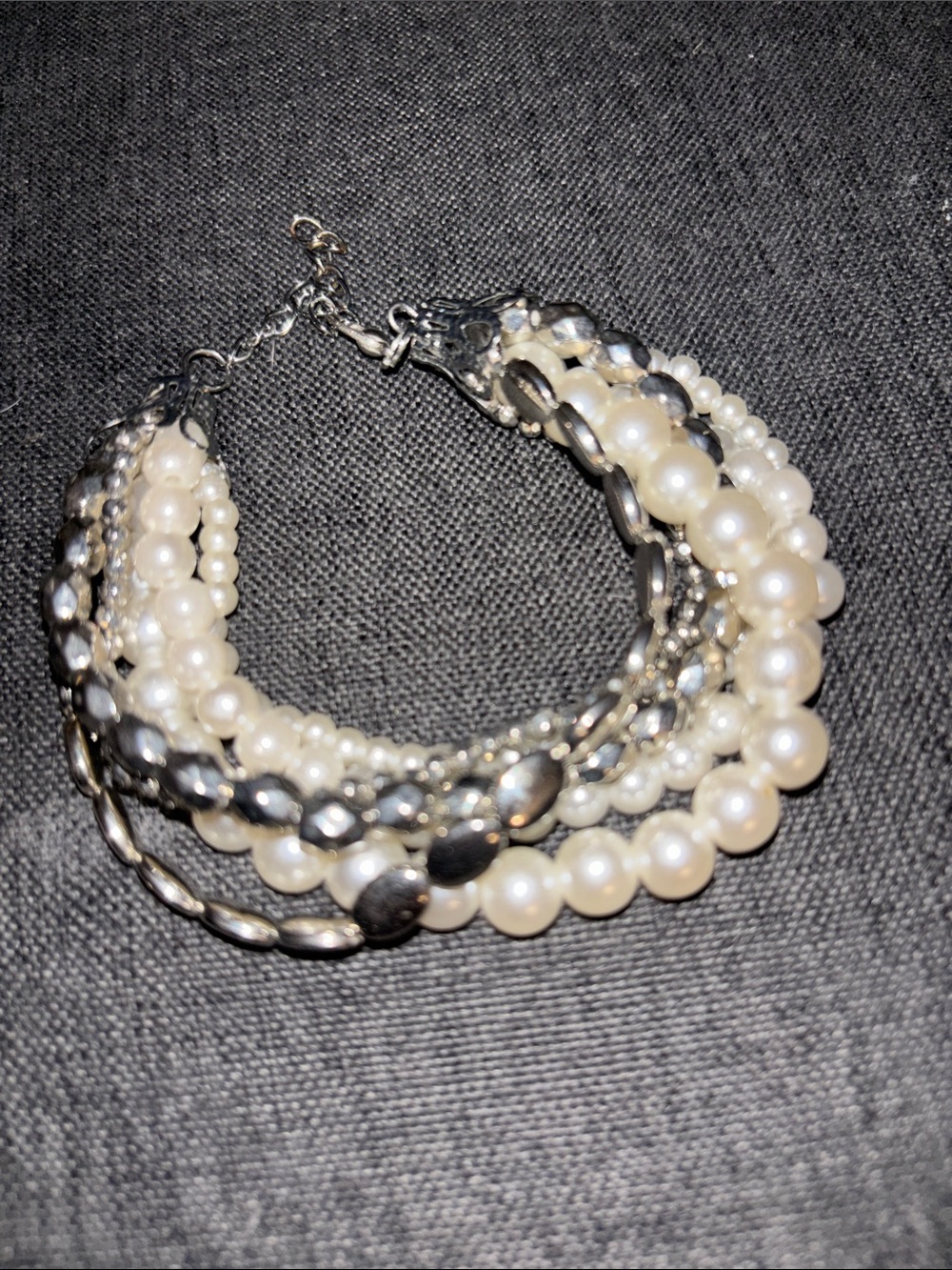 Multi-Row Pearl and Silver Tone Bracelet - White